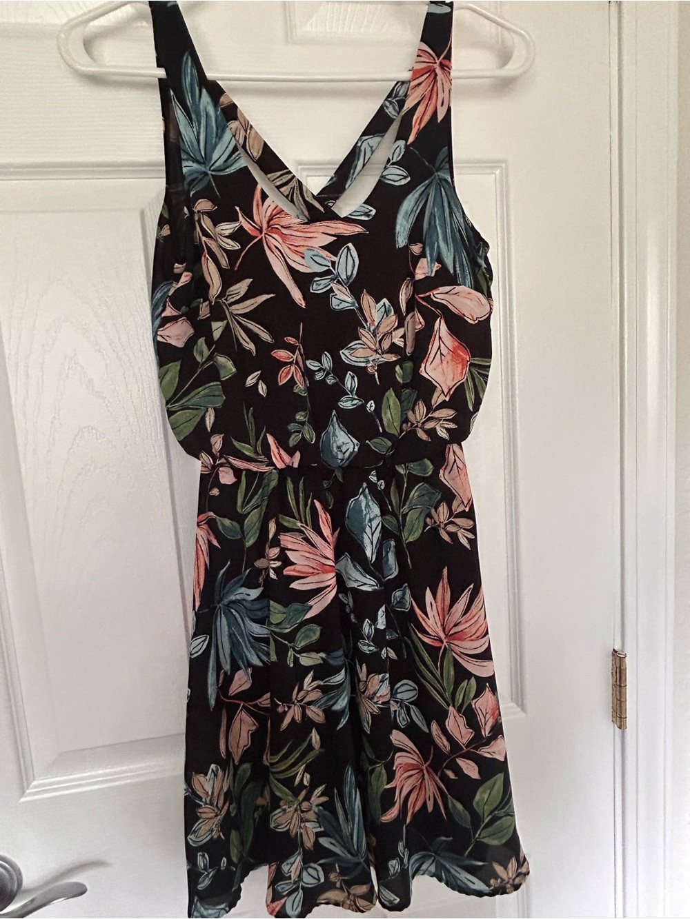 Black Floral V-Neck Midi Dress with Pink & Green Print